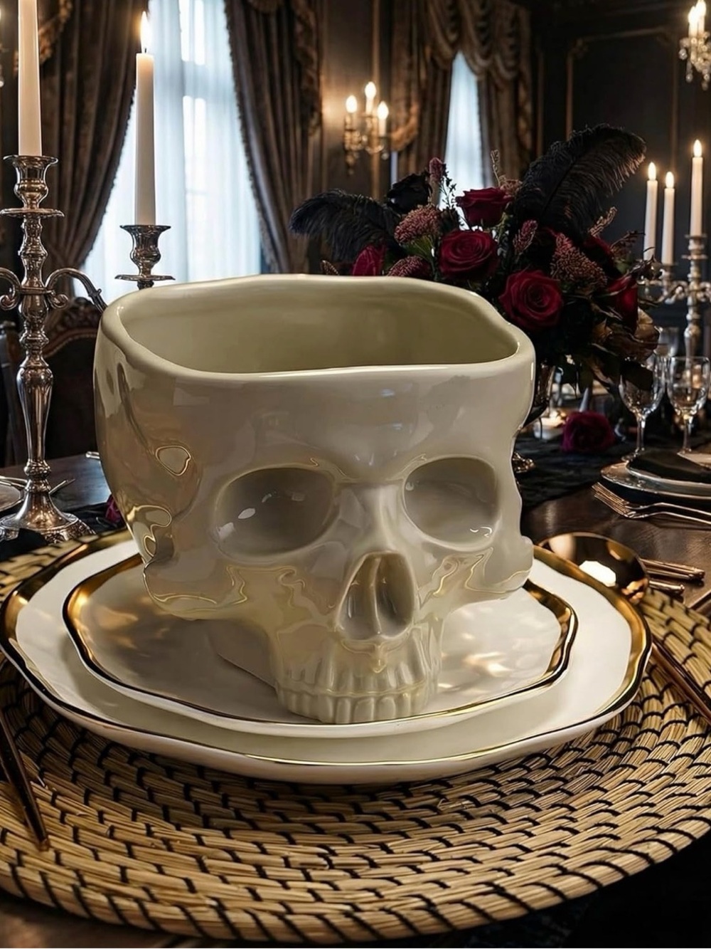 Gothic Skull Bowl 17oz Ceramic Food-Safe MW/DW Safe, Halloween Candy, NEW